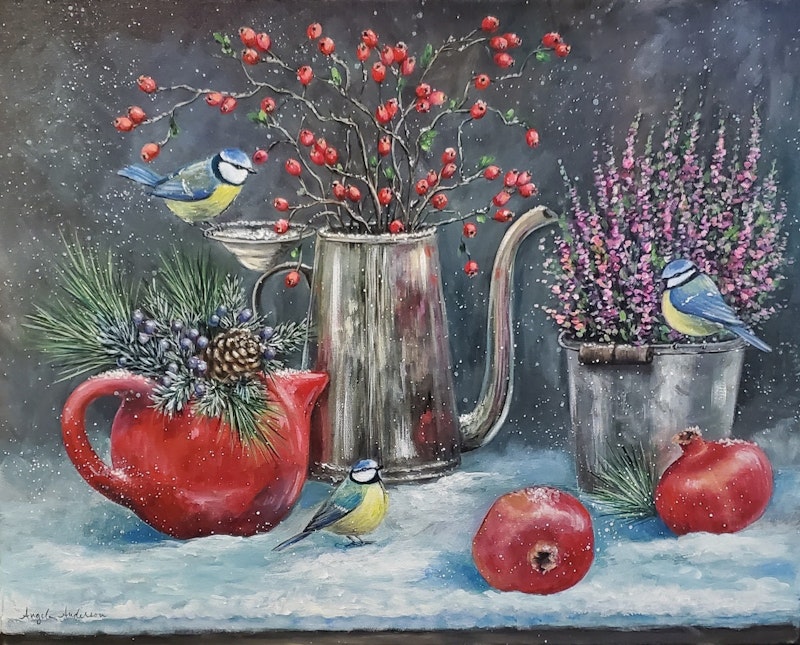 Birds with Teapots Winter Still Life Patreon Challenge Acrylic